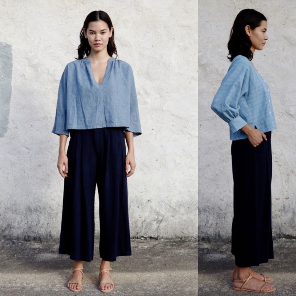 Esby High Waisted Linen Cotton Canvas Wide Leg Navy Blue Pants